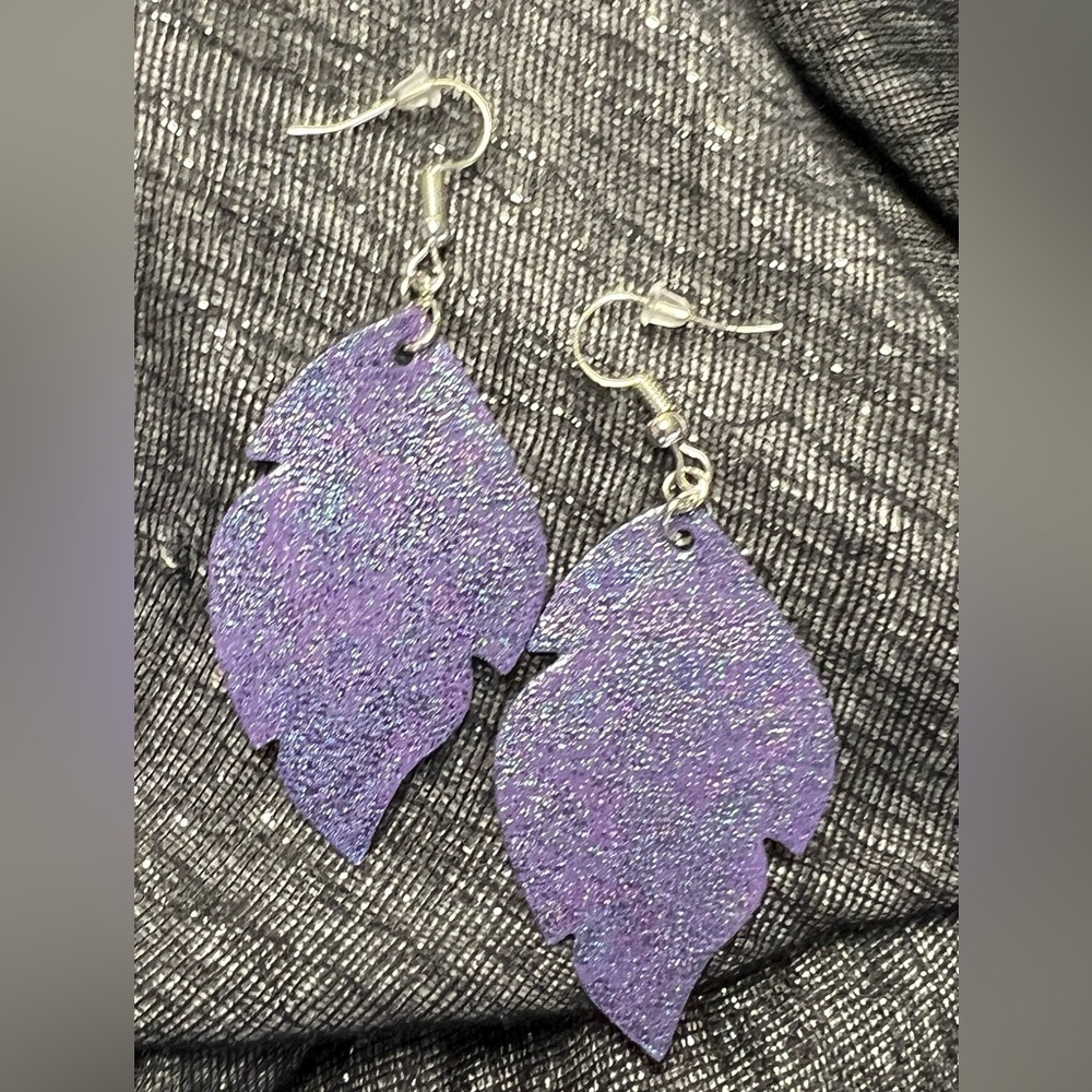 Iridescent leaf cut earrings.  Color changes w/ angle of light! Genuine Leather!